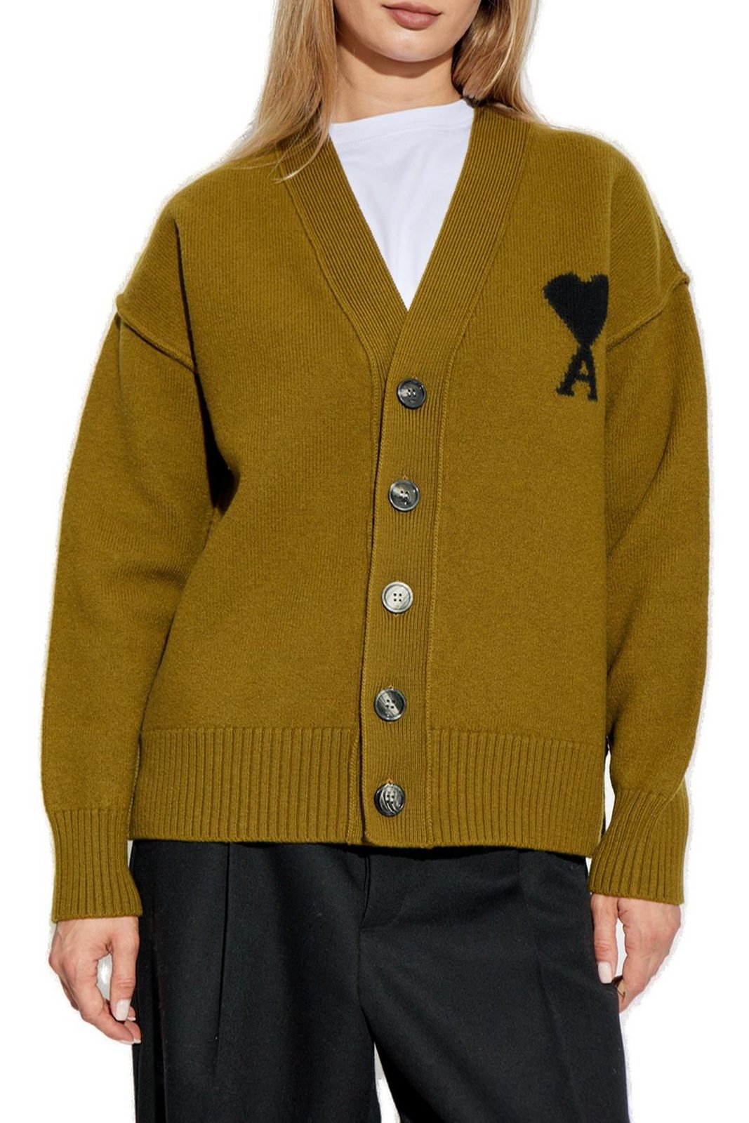 AMI Paris Ami De Coeur Logo Intarsia-Knit Buttoned Cardigan
