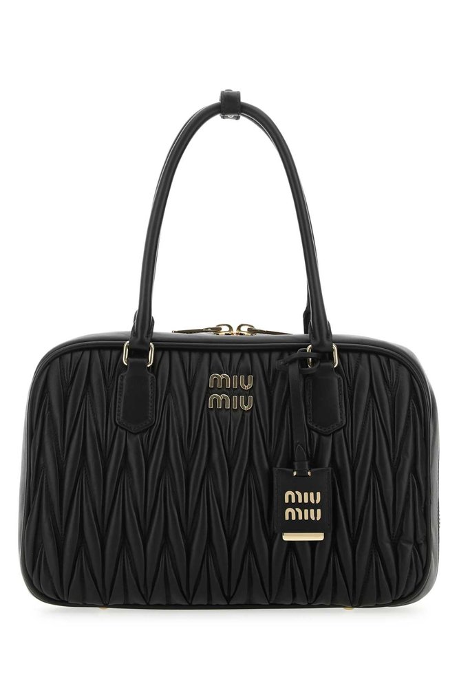 Miu Miu Matelassé Logo Plaque Zipped Tote Bag In Black ModeSens