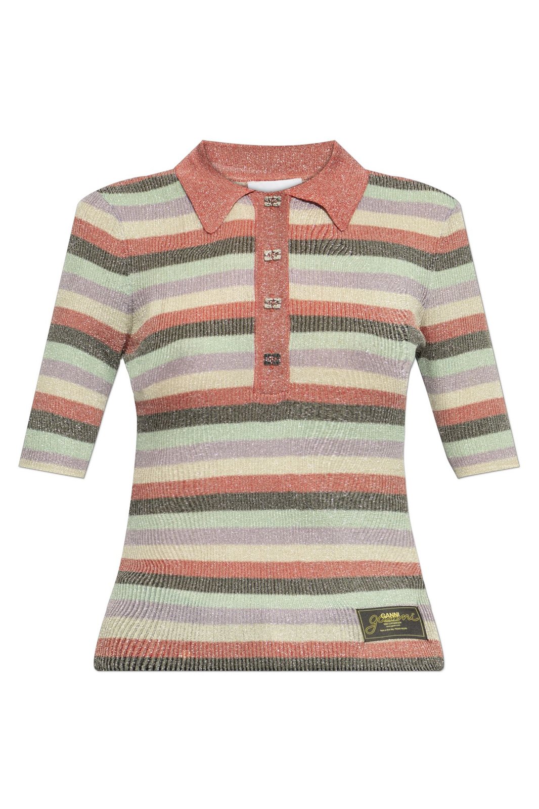 Ganni Striped Sparkle Rib Polo T-Shirt
