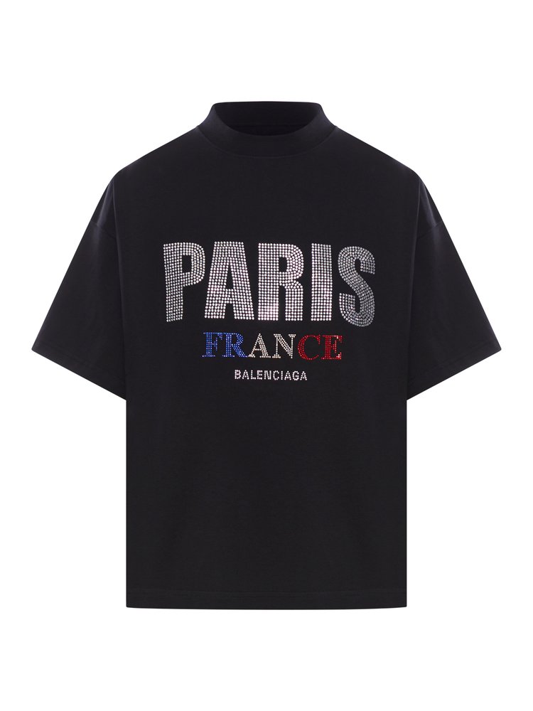 【送料&関税込】Balenciaga Paris Rhinestone Cropped T-shirt BALENCIAGA PARIS EIFFEL TOWER RHINESTONE COTTON T-SHIRT