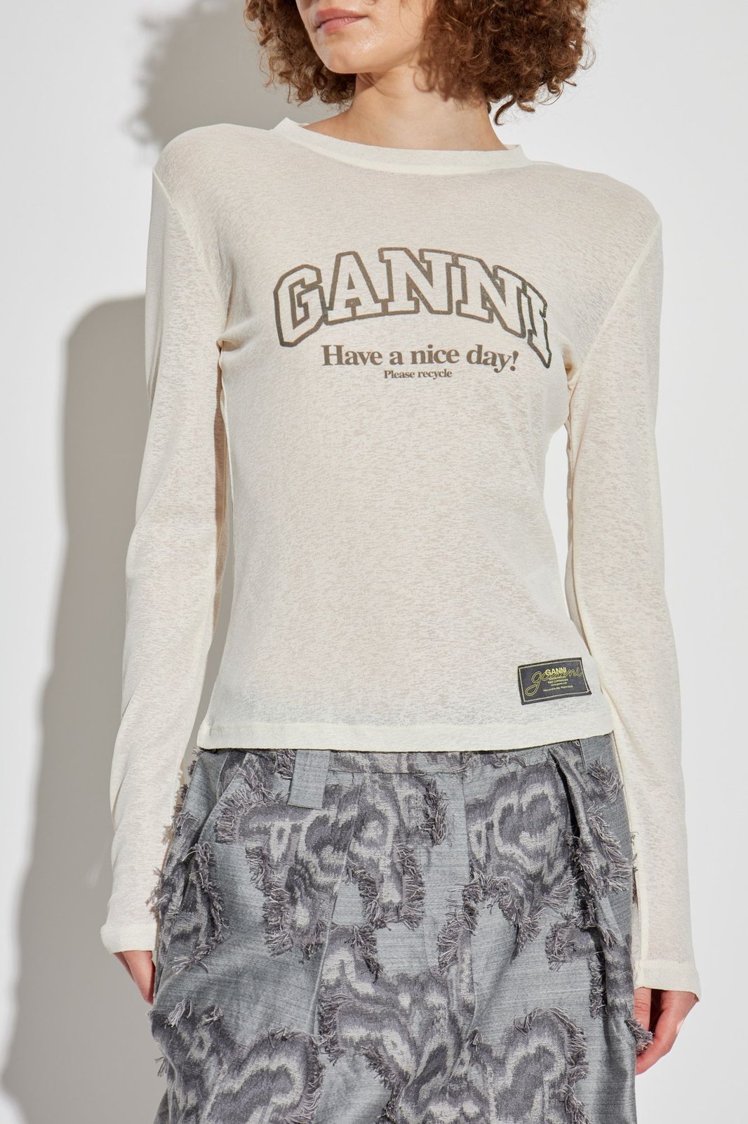 Ganni Egret Printed Marl Mesh Long-Sleeved Top
