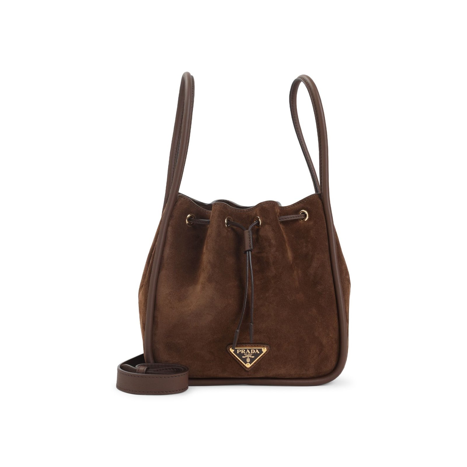 Prada Logo Plaque Drawstring Bucket Bag