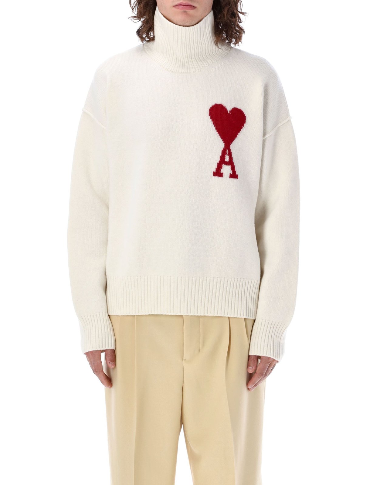 AMI Paris Ami de Coeur Logo Intarsia Knitted Roll-Neck Jumper