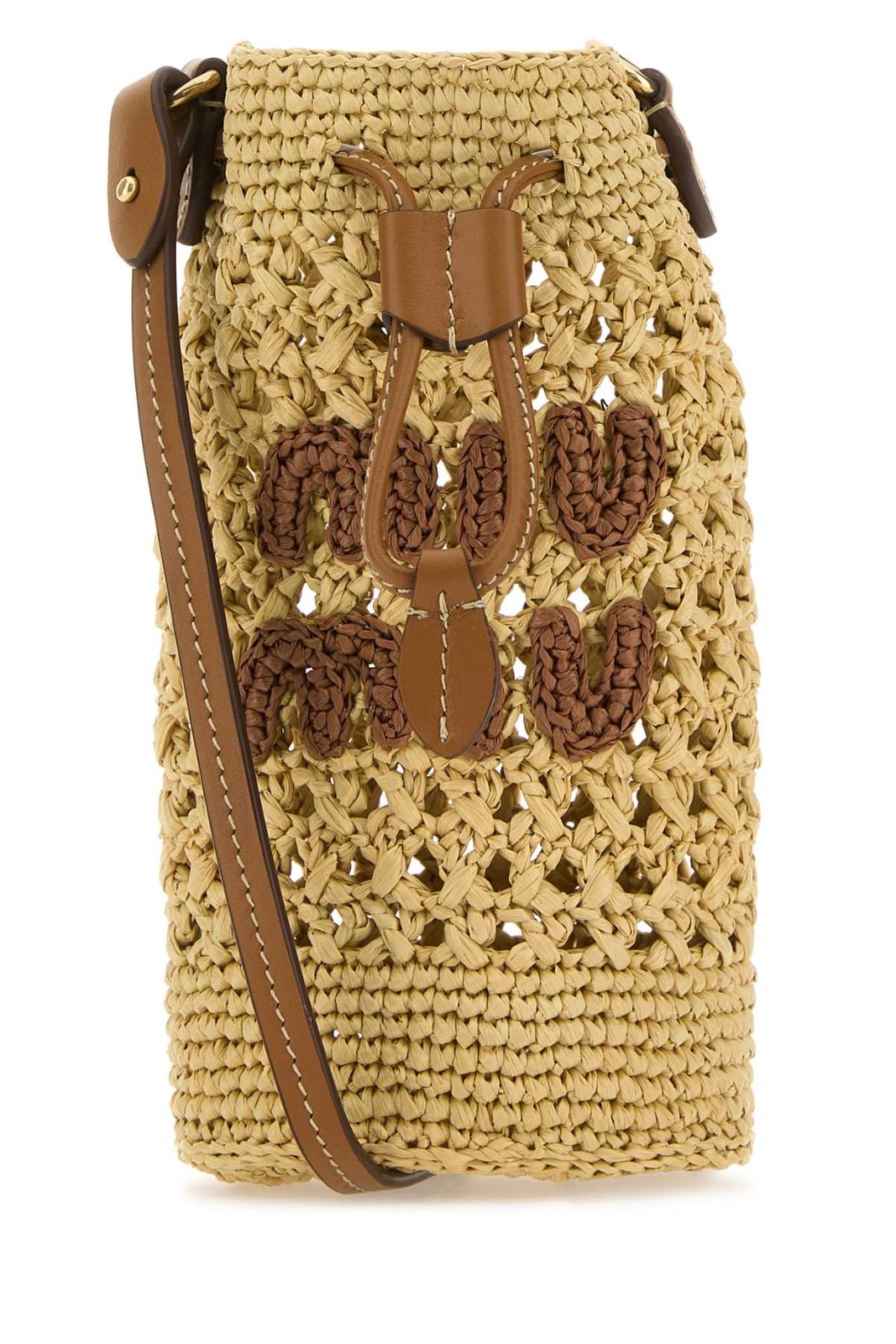 【MIU MIU】RAFFIA BUCKET BAG Logo leather-trimmed raffia bucket bag in neutrals - Miu Miu