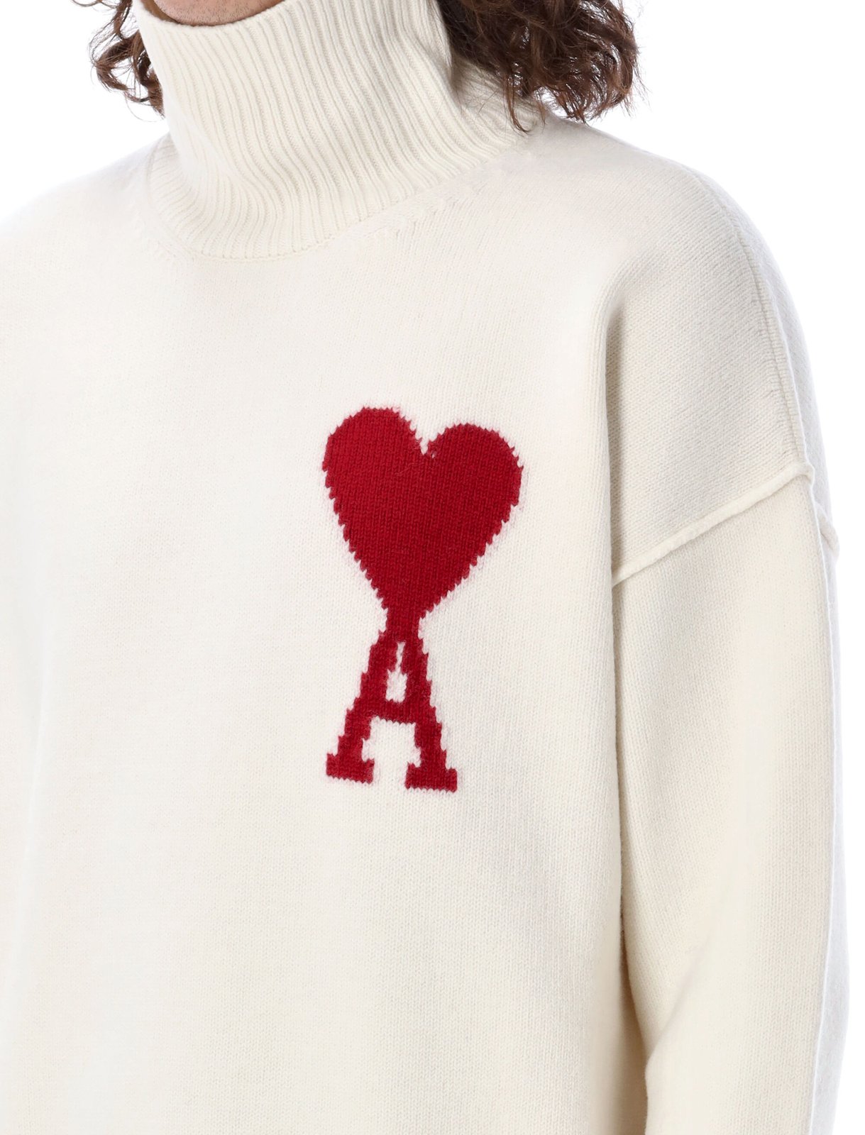 AMI Paris Ami de Coeur Logo Intarsia Knitted Roll-Neck Jumper