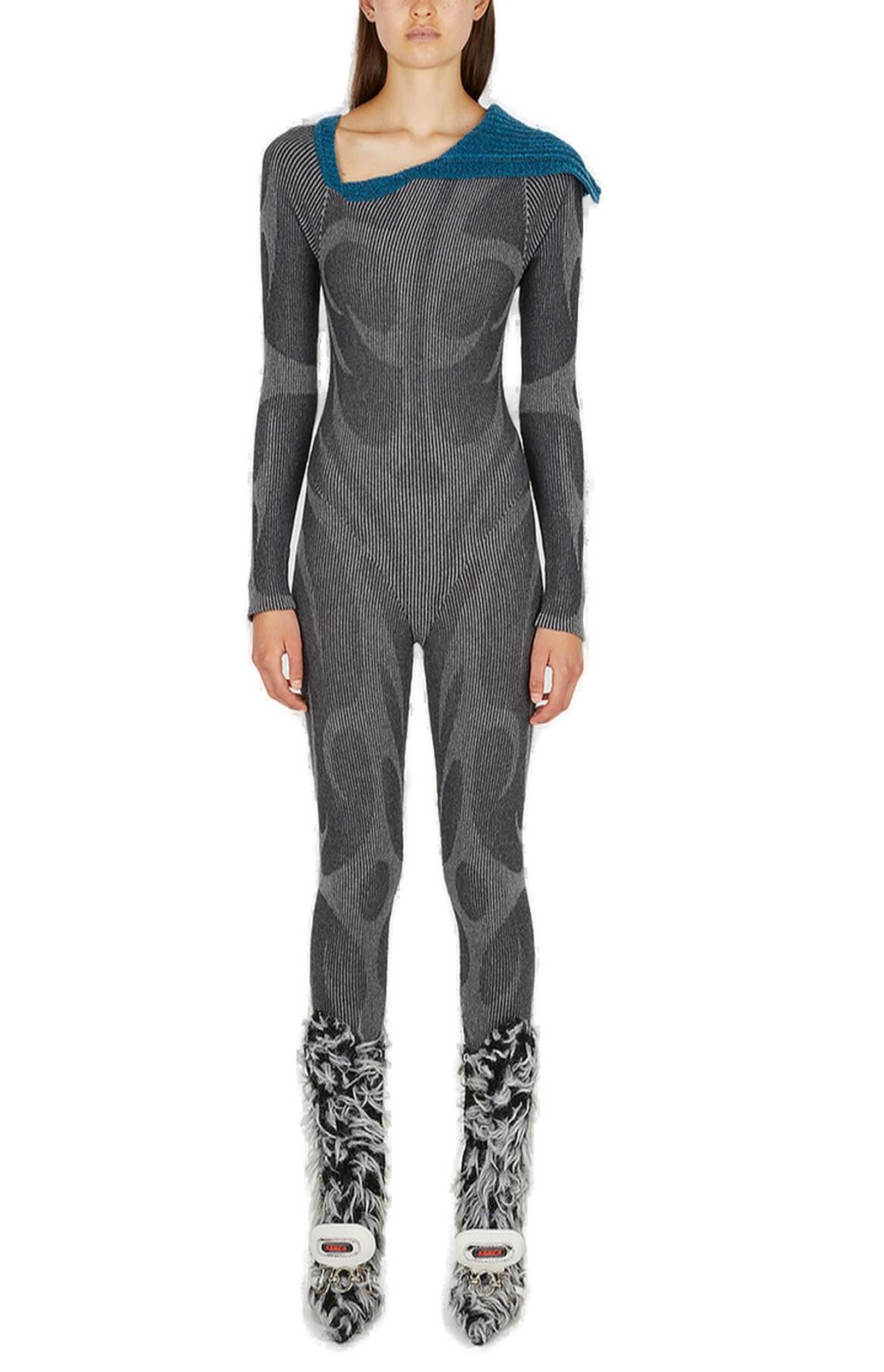 【関税込み】Paolina Russo ブルー Illusion レギンス Paolina Russo Illusion Asymmetric Neckline Knitted Catsuit