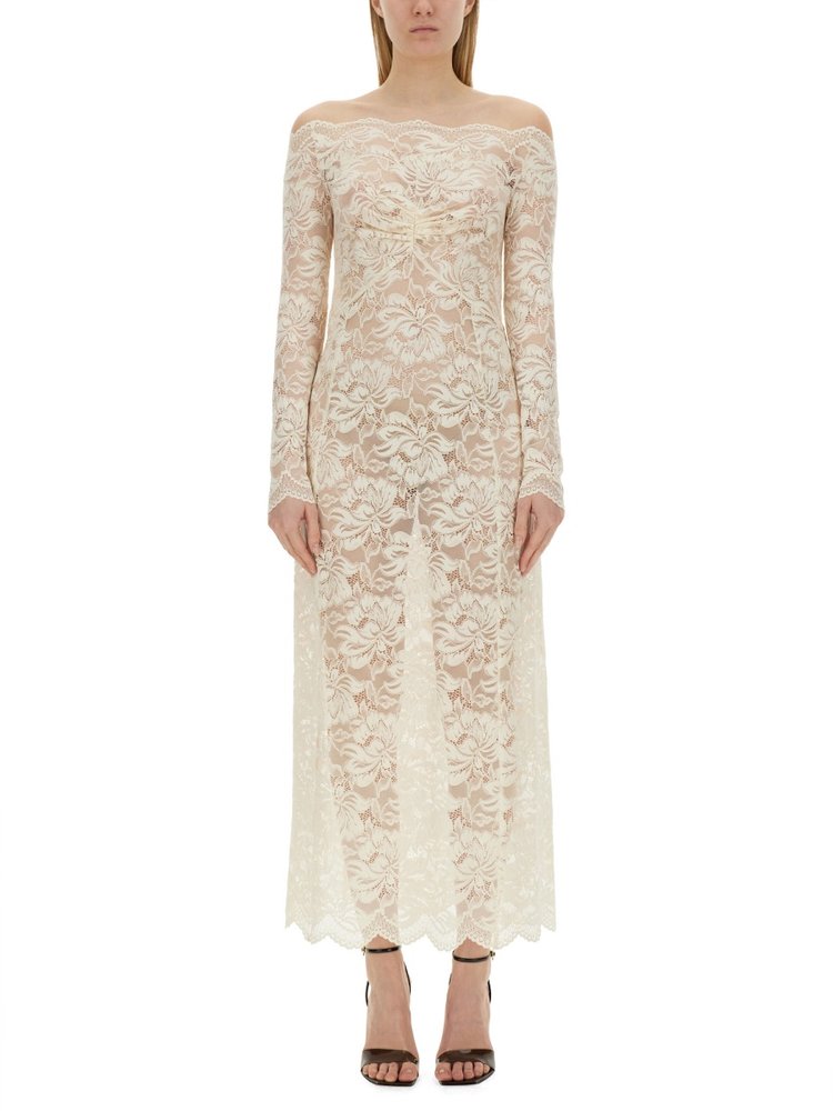 Paco Rabanne Bardot Collar Long Lace Dress  Cettire