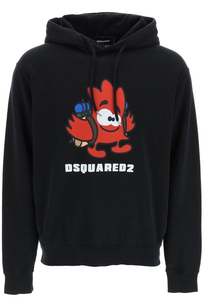 Dsquared2 Graphic Printed Drawstring Hoodie In Black