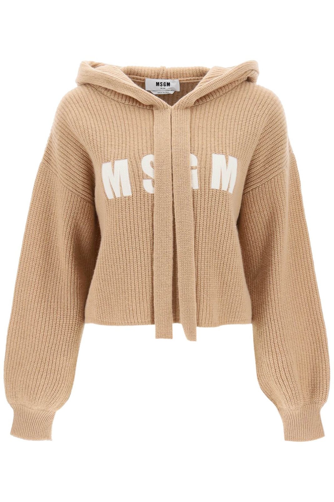 MSGM Logo-Embroidered Ribbed-Knit Drawstring Hoodie – Cettire