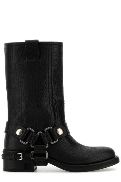 Miu Miu Logo-Engraved Buckle-Detailed Block-Heeled Boots