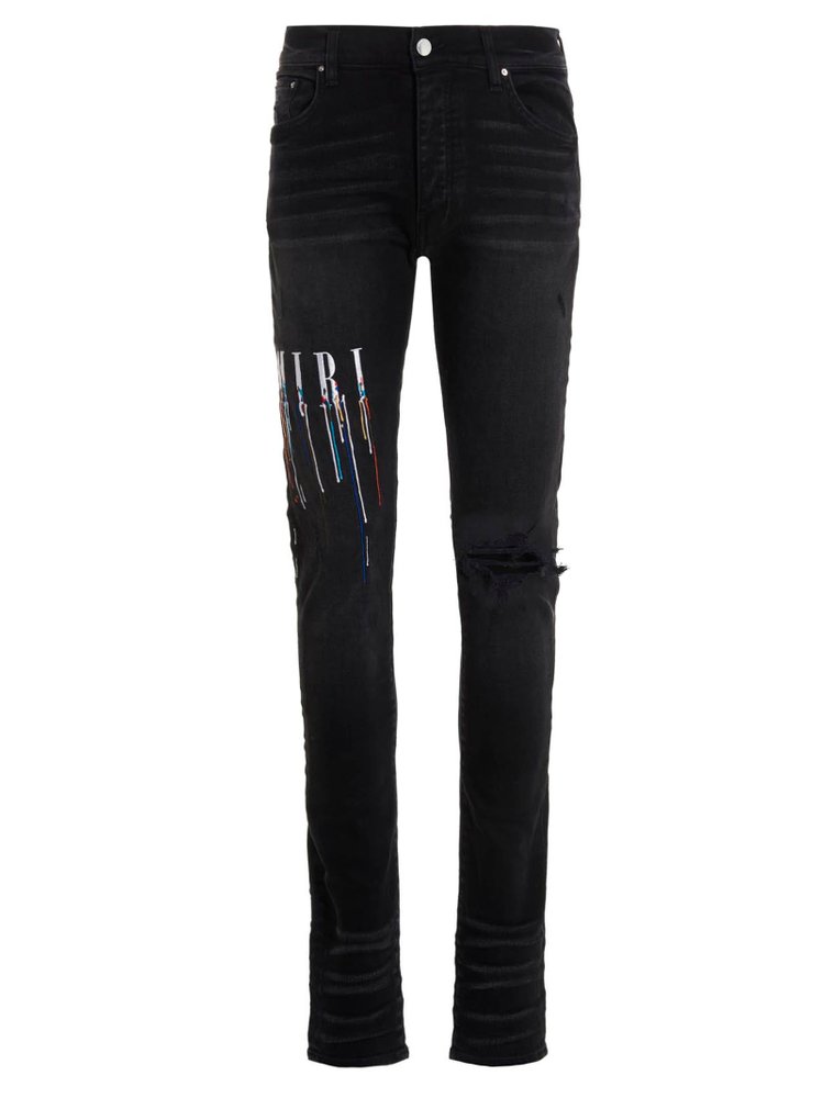 Amiri Paint Drip Logo Stretchdenim Jeans In Aged Black ModeSens