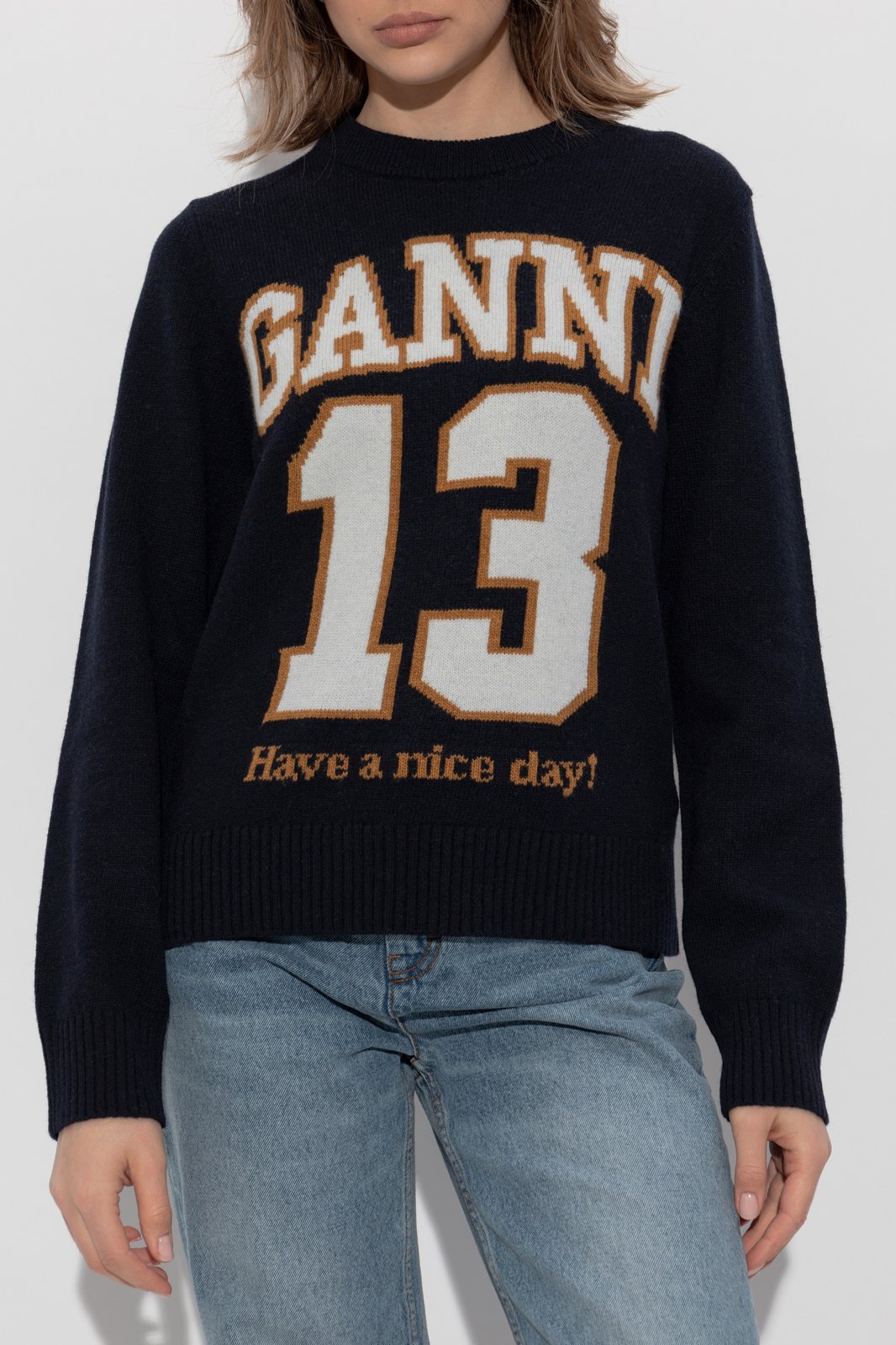 Ganni Logo Intarsia-Knit Crewneck Jumper