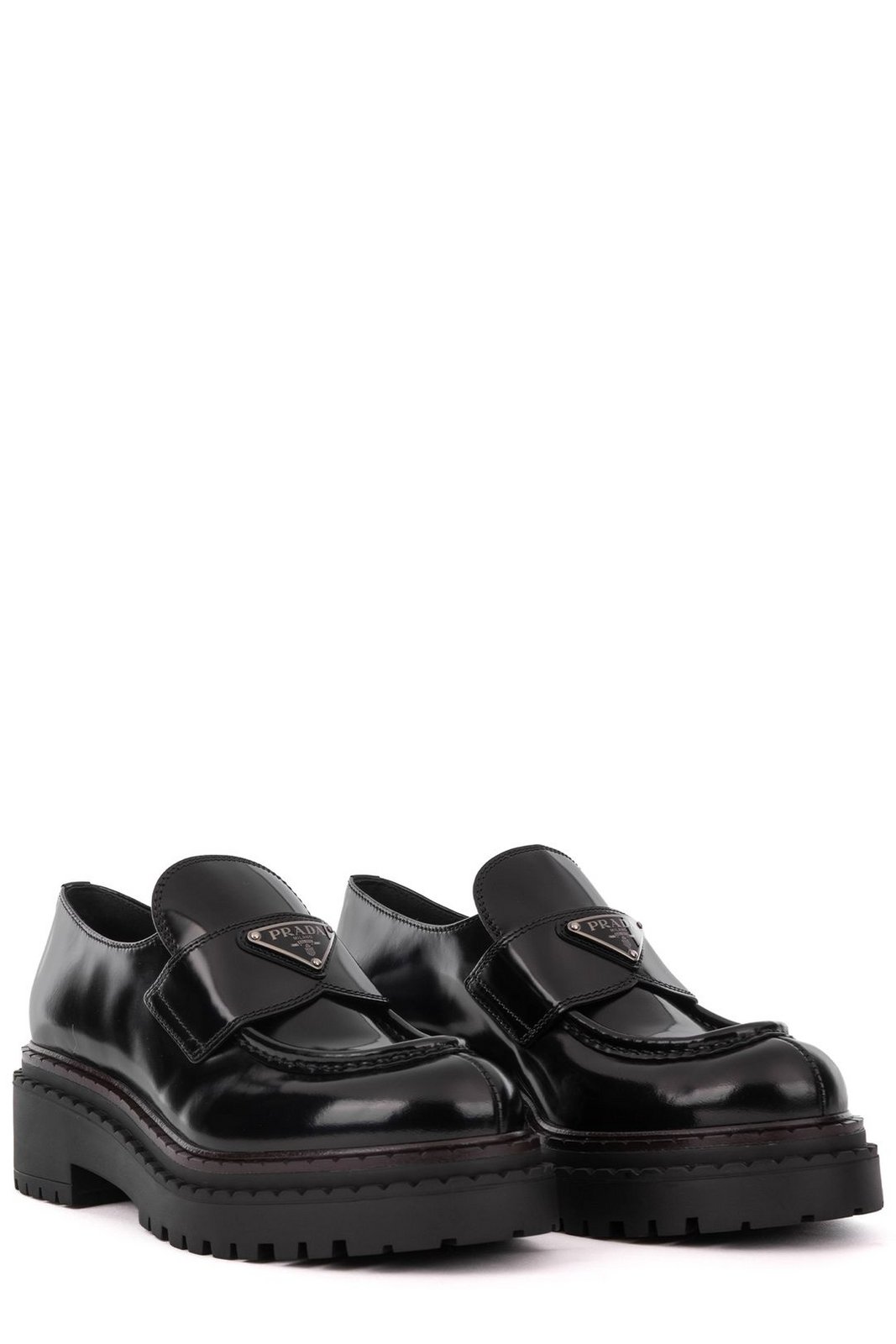 Prada Logo Plaque Round Toe Loafers