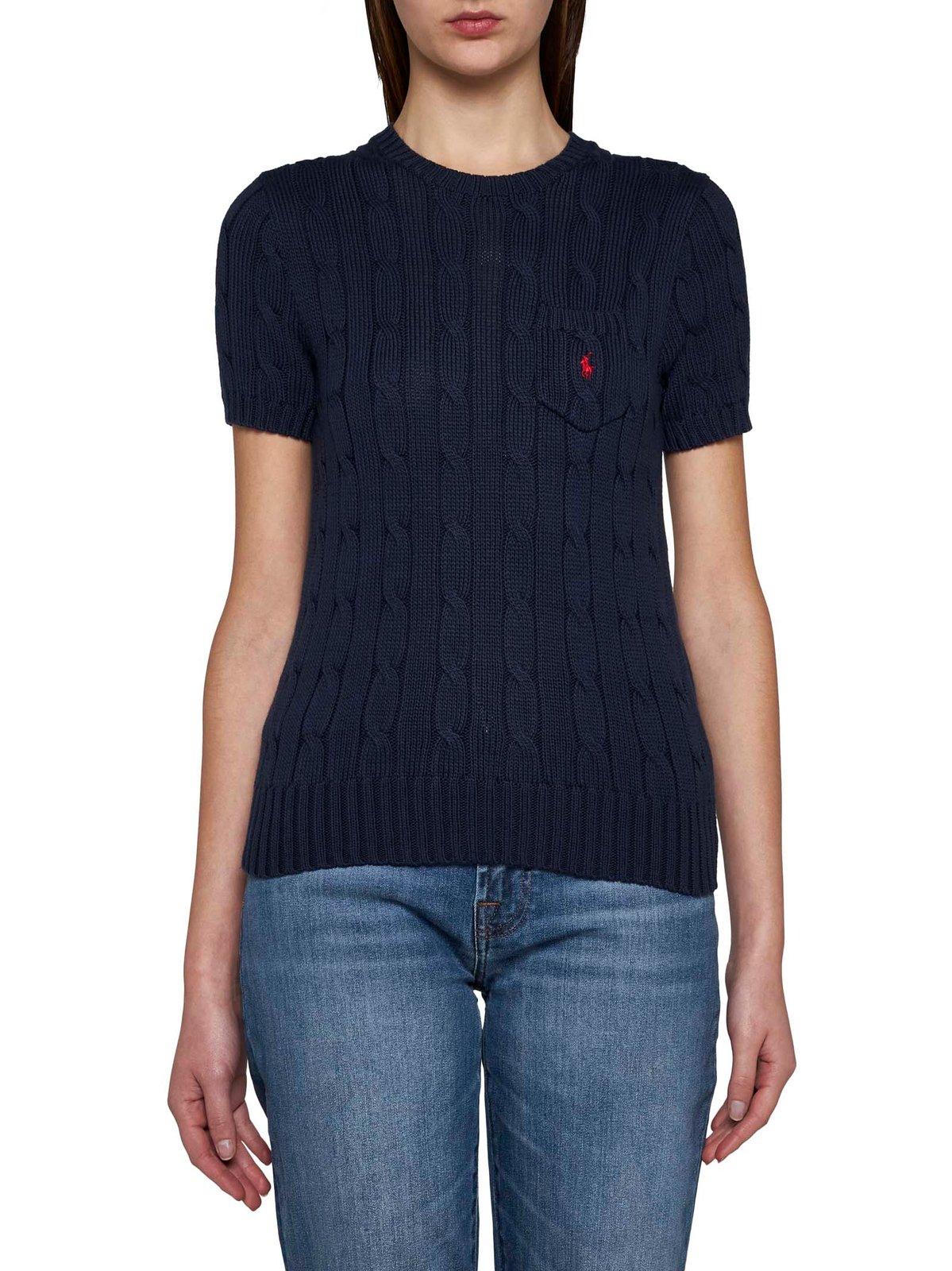 Polo Ralph Lauren Logo Embroidered Cable-Knit Crewneck Top