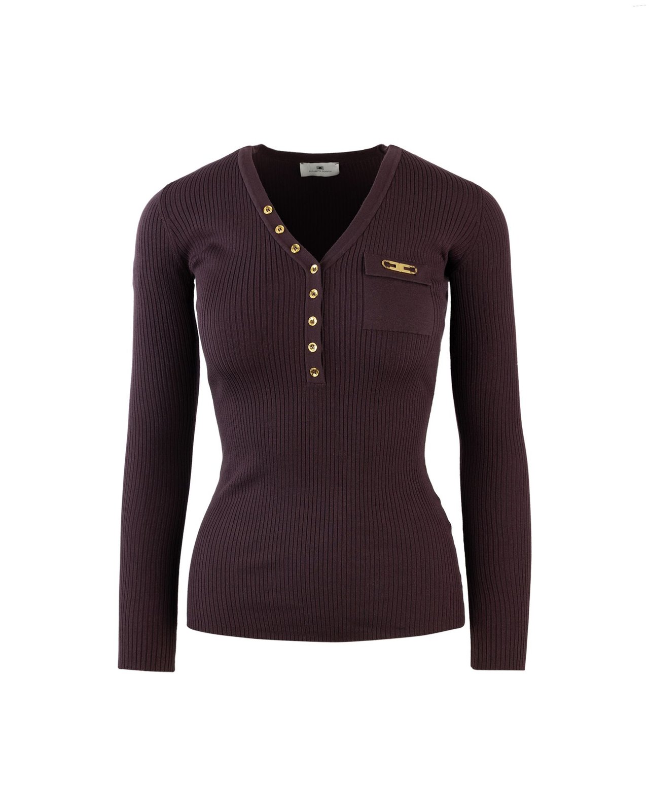 Shop Elisabetta Franchi Breast Pocket Ribbed Knit Top on Sale at