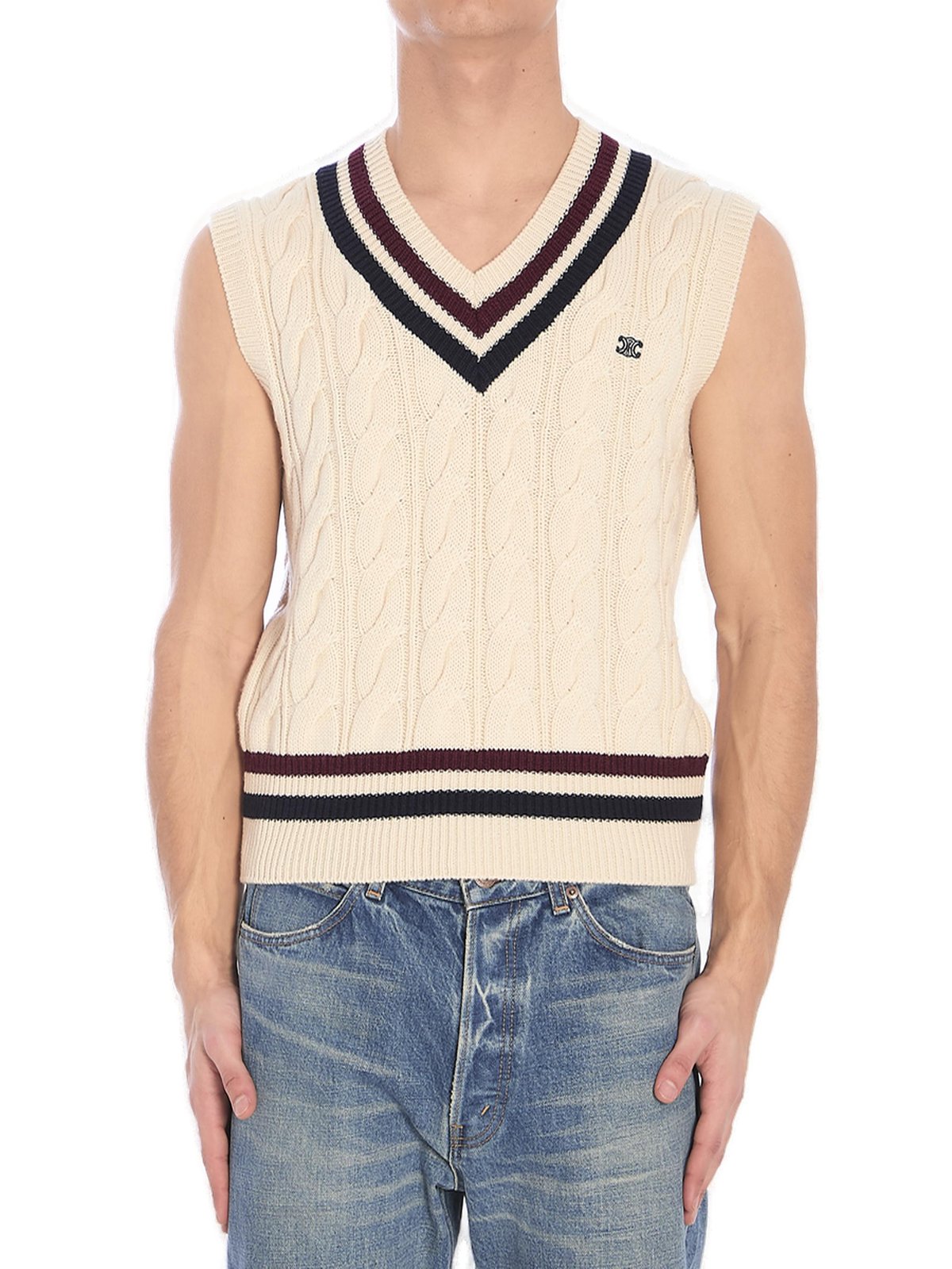 Celine Triomphe V-Neck Cable-Knit Vest