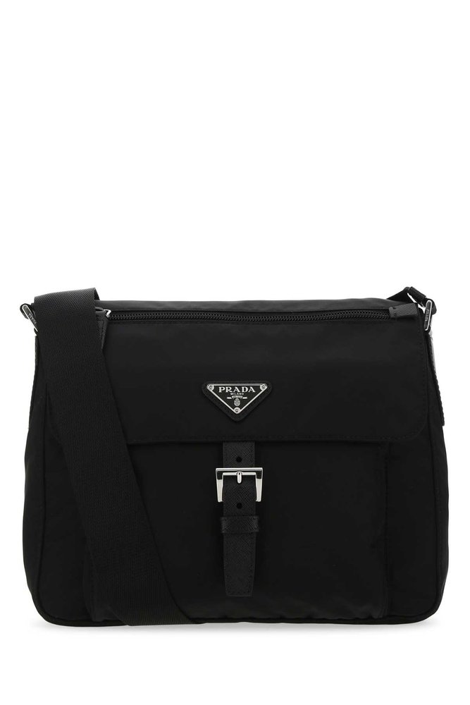 Prada Logo Plaque Zipped Shoulder Bag In Black ModeSens