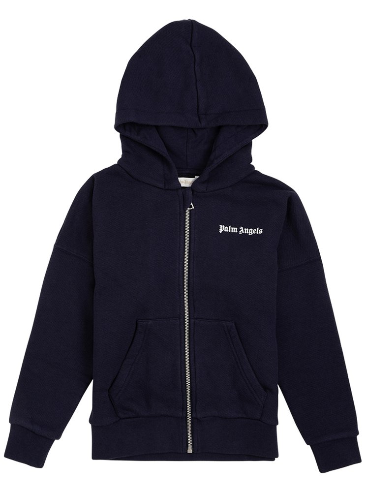 Palm Angels Kids Logo Print Zipped Hoodie In Navy | ModeSens