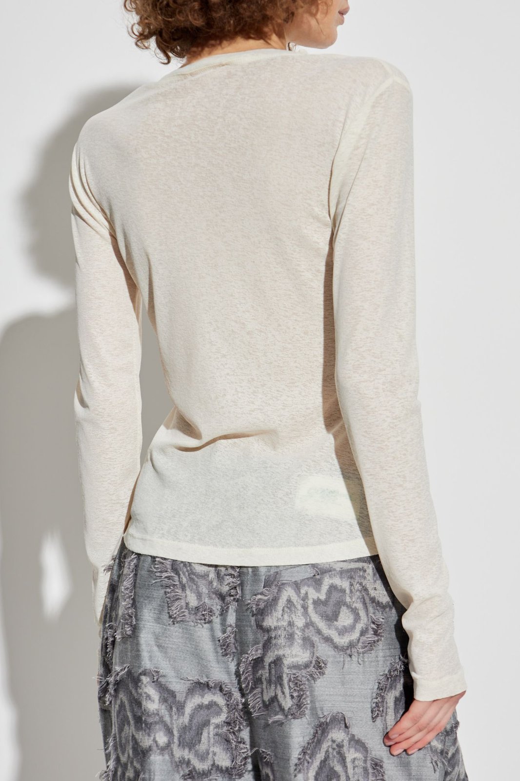 Ganni Egret Printed Marl Mesh Long-Sleeved Top