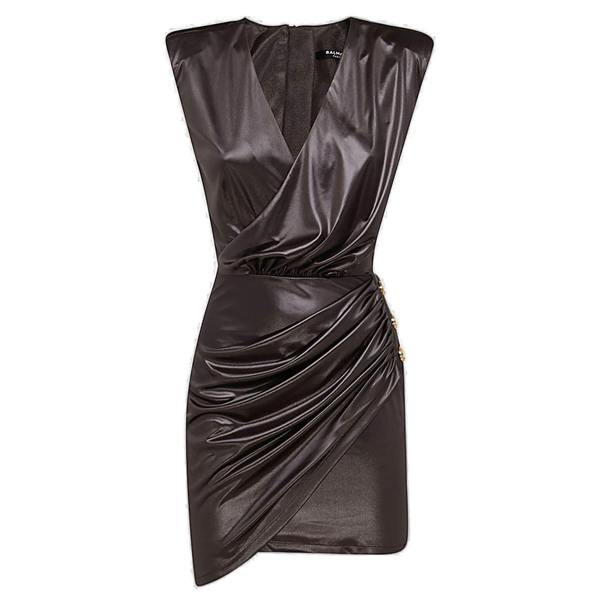 balmain v neck tie waist panelled crepe gown