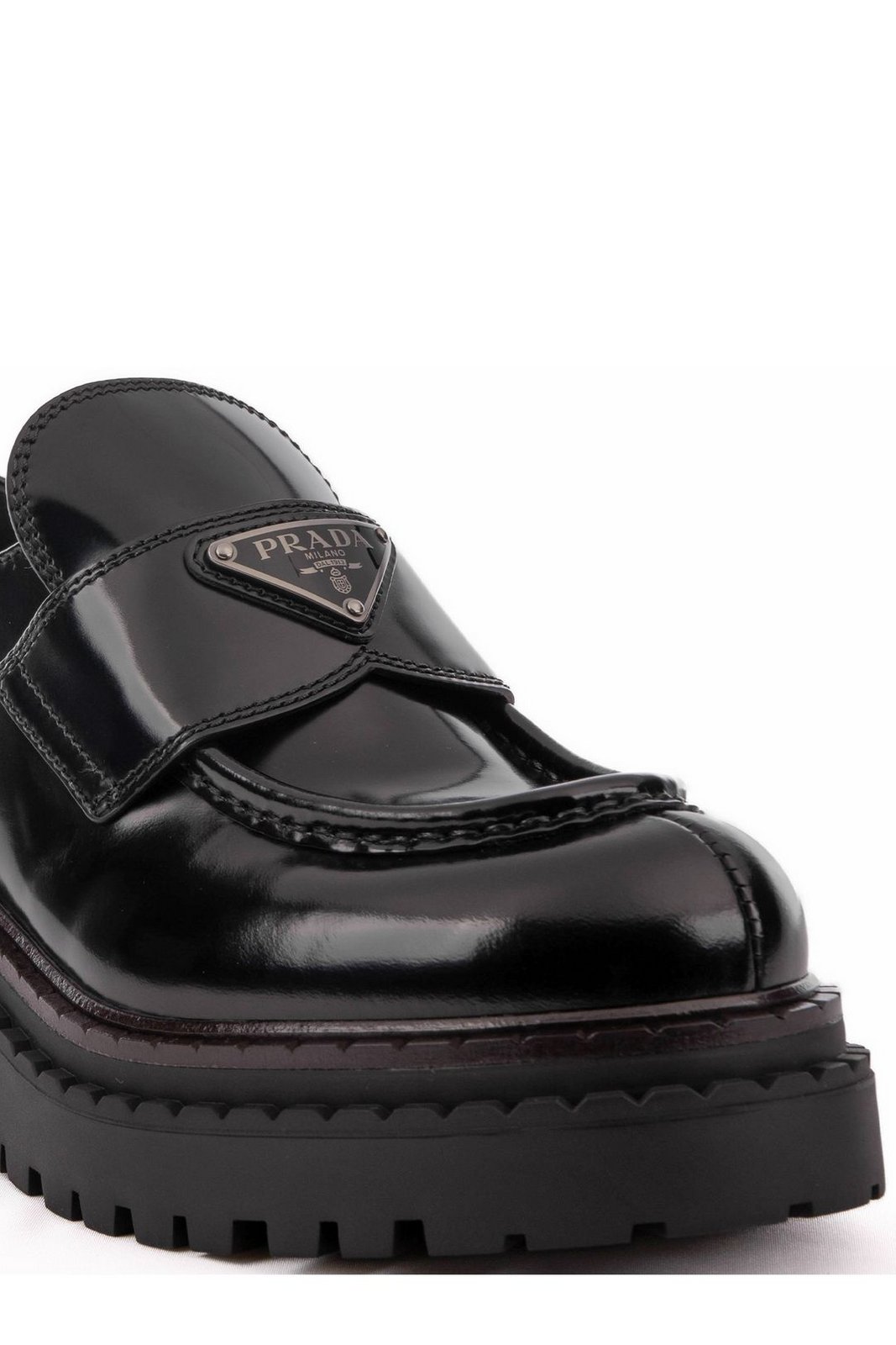 Prada Logo Plaque Round Toe Loafers