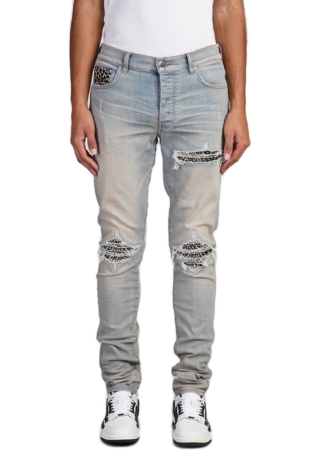 Amiri Leopard-Detailed Distressed Jeans