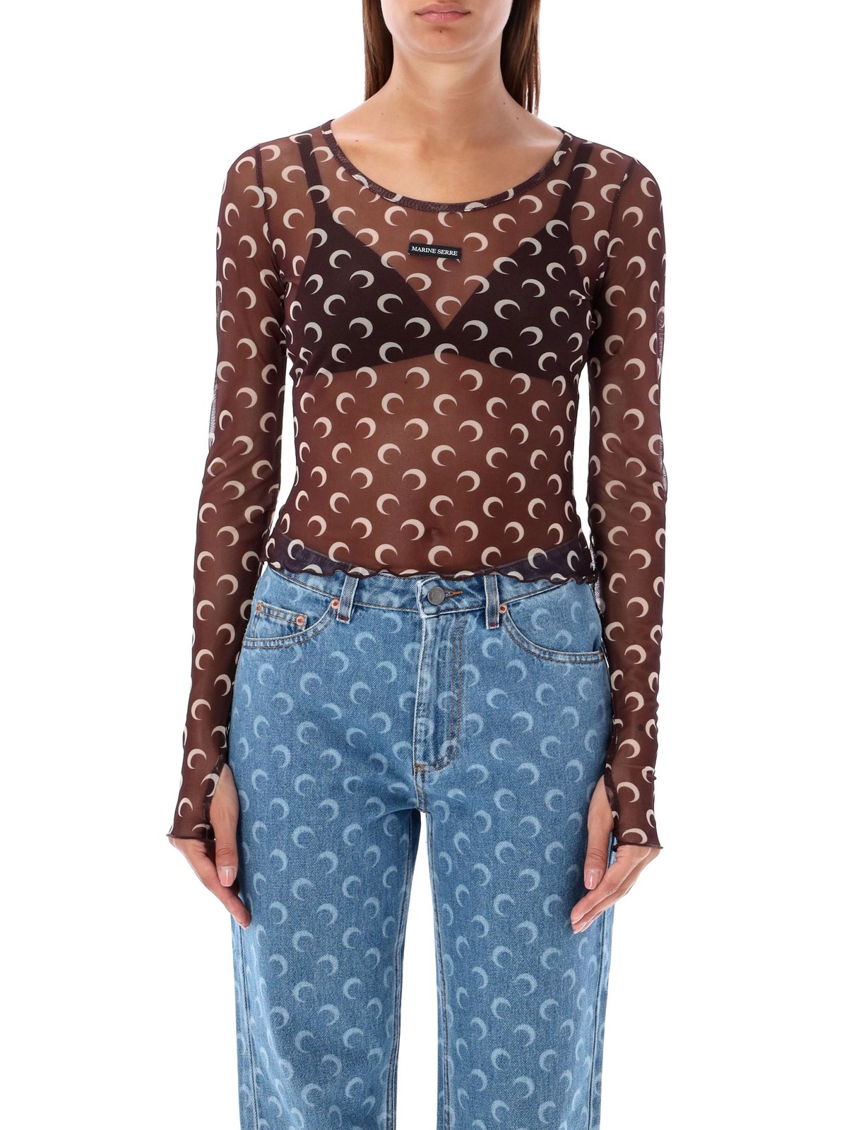 Marine Serre Mesh Monogrammed Crewneck Cropped Top