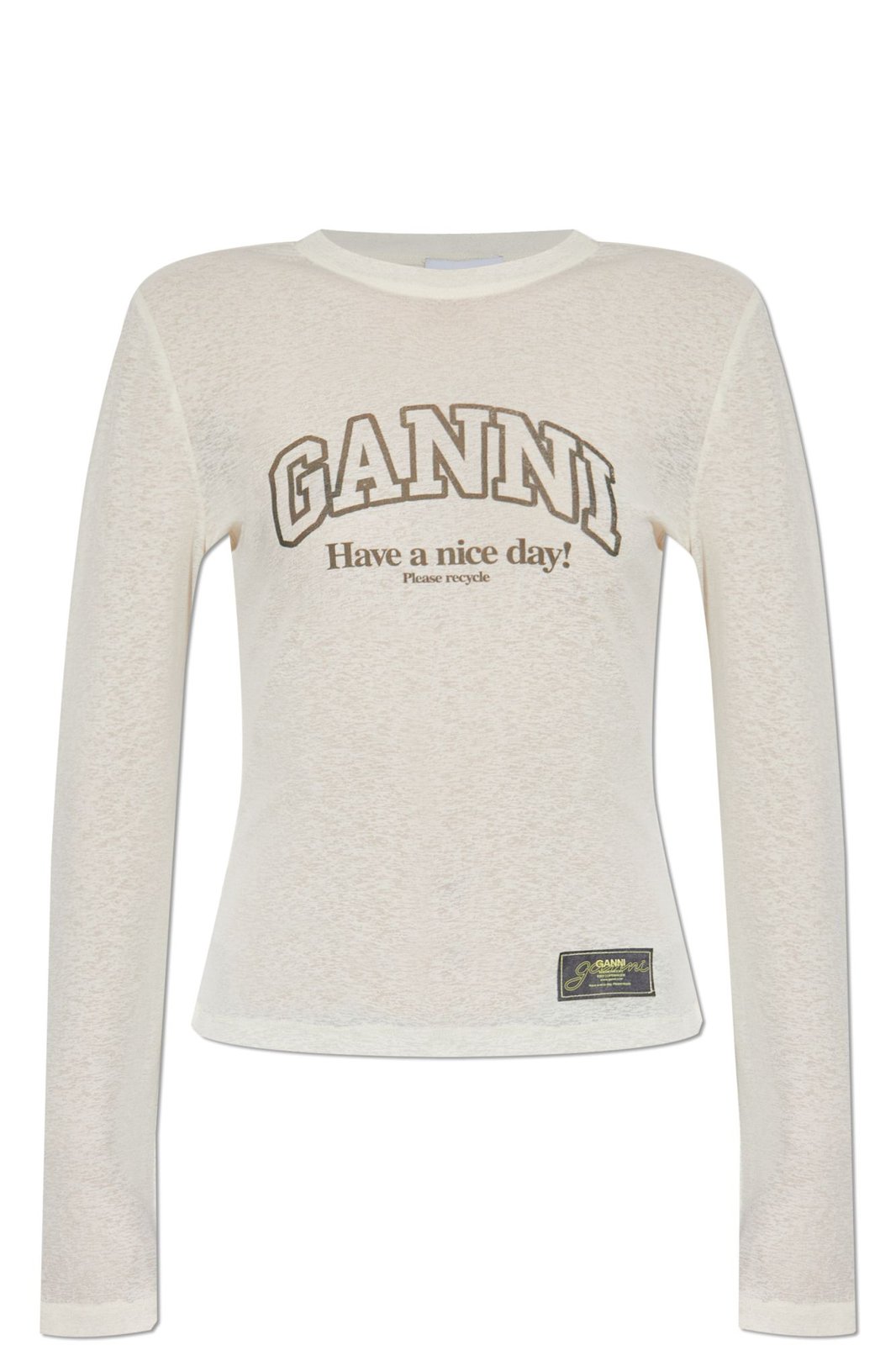 Ganni Egret Printed Marl Mesh Long-Sleeved Top